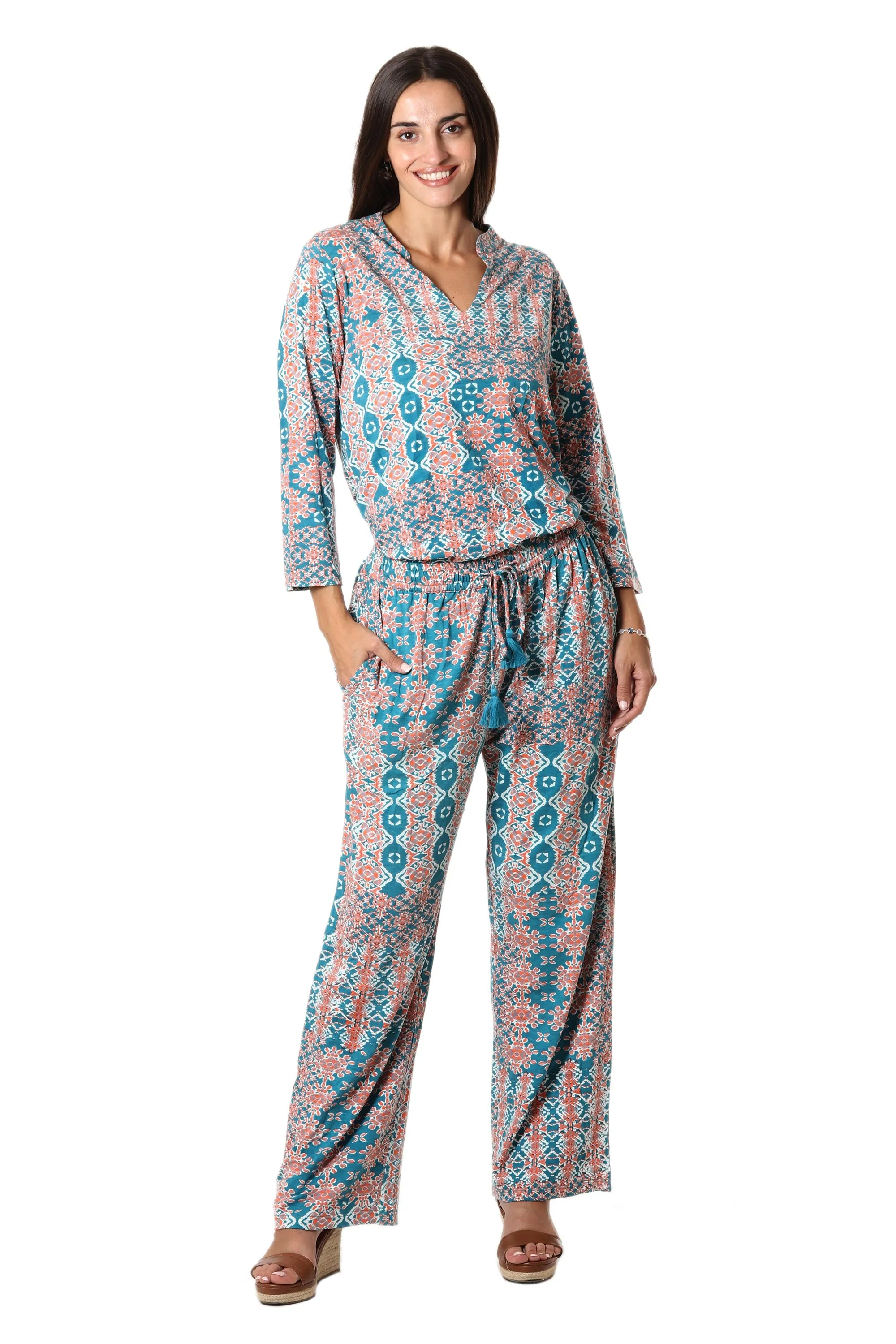 Teal and Melon Print Viscose Blend Pants - Meena Bazaar in Teal | NOVICA