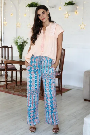 Teal and Melon Print Viscose Blend Pants - Meena Bazaar in Teal | NOVICA